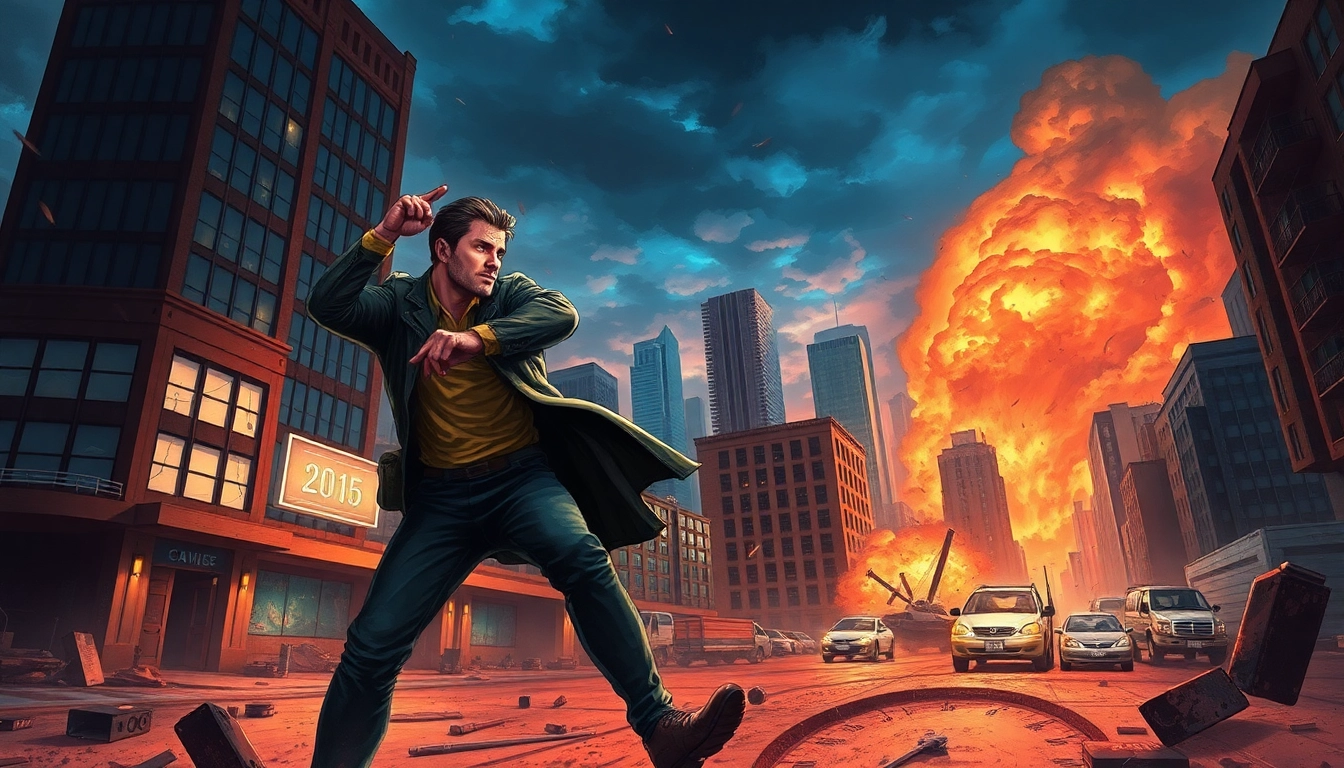 Bayside Boom featuring a heroic confrontation in an urban setting, showcasing action and suspense.