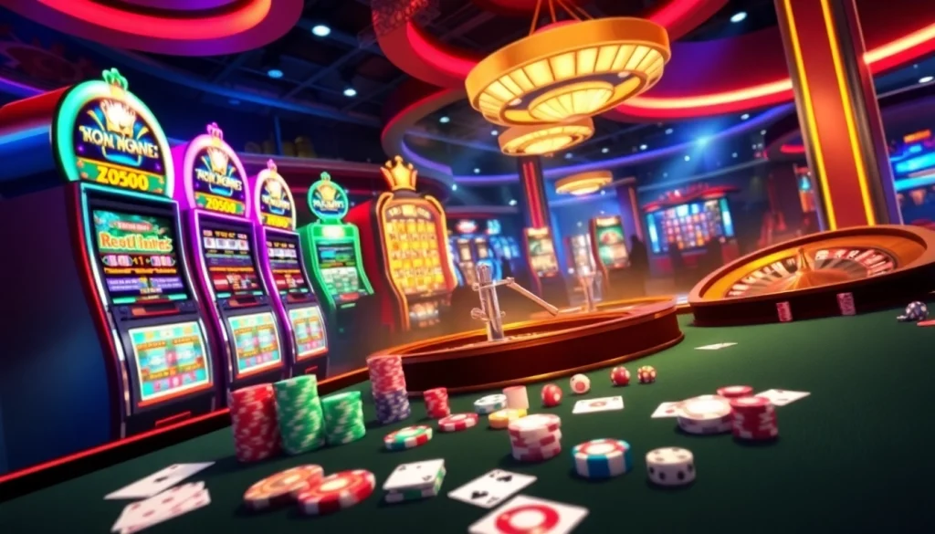 KJC AC 3 vibrant casino scene with slot machines and poker tables.