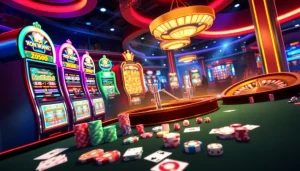KJC AC 3 vibrant casino scene with slot machines and poker tables.