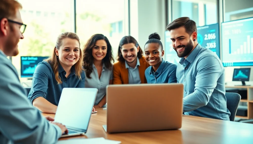 Showcase of managed IT support solutions with a diverse team in a modern office.