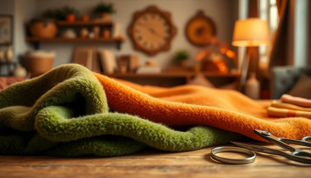 Fleece stof op tafel, benadrukt de zachte textuur en levendige kleuren.