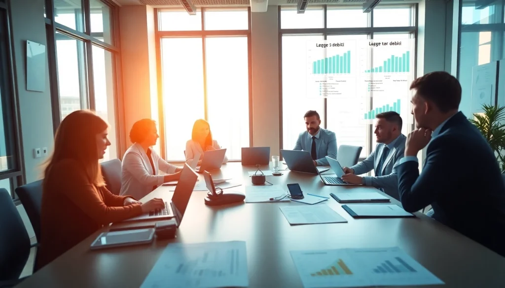Consulenti finanziari che discutono strategie della Legge 3 Debiti in un ufficio moderno.