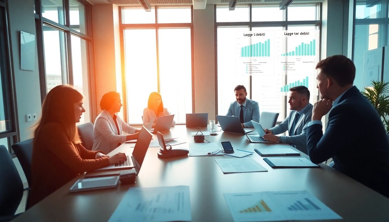 Consulenti finanziari che discutono strategie della Legge 3 Debiti in un ufficio moderno.