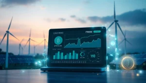 Visual representation of free cloud mining with renewable energy sources and advanced AI technology.