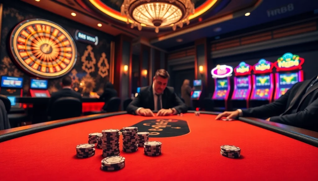 Engage in thrilling poker at RR88's luxurious casino with vibrant lights and high-stakes excitement.