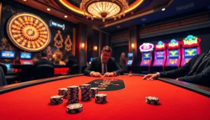 Engage in thrilling poker at RR88's luxurious casino with vibrant lights and high-stakes excitement.