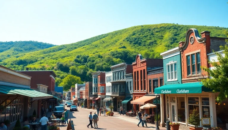 Explore the vibrant streets of Clarksburg featuring historic architecture and lively cafes.