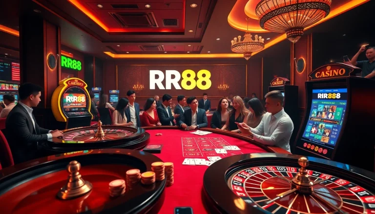 RR88 slot machine and casino table create an exciting atmosphere for gamblers.