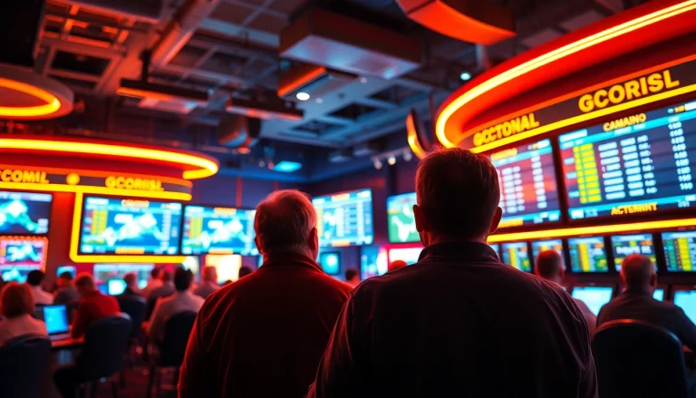 Engaging view of Georgia sports betting scene with lively bettors analyzing stats in vibrant sportsbook.