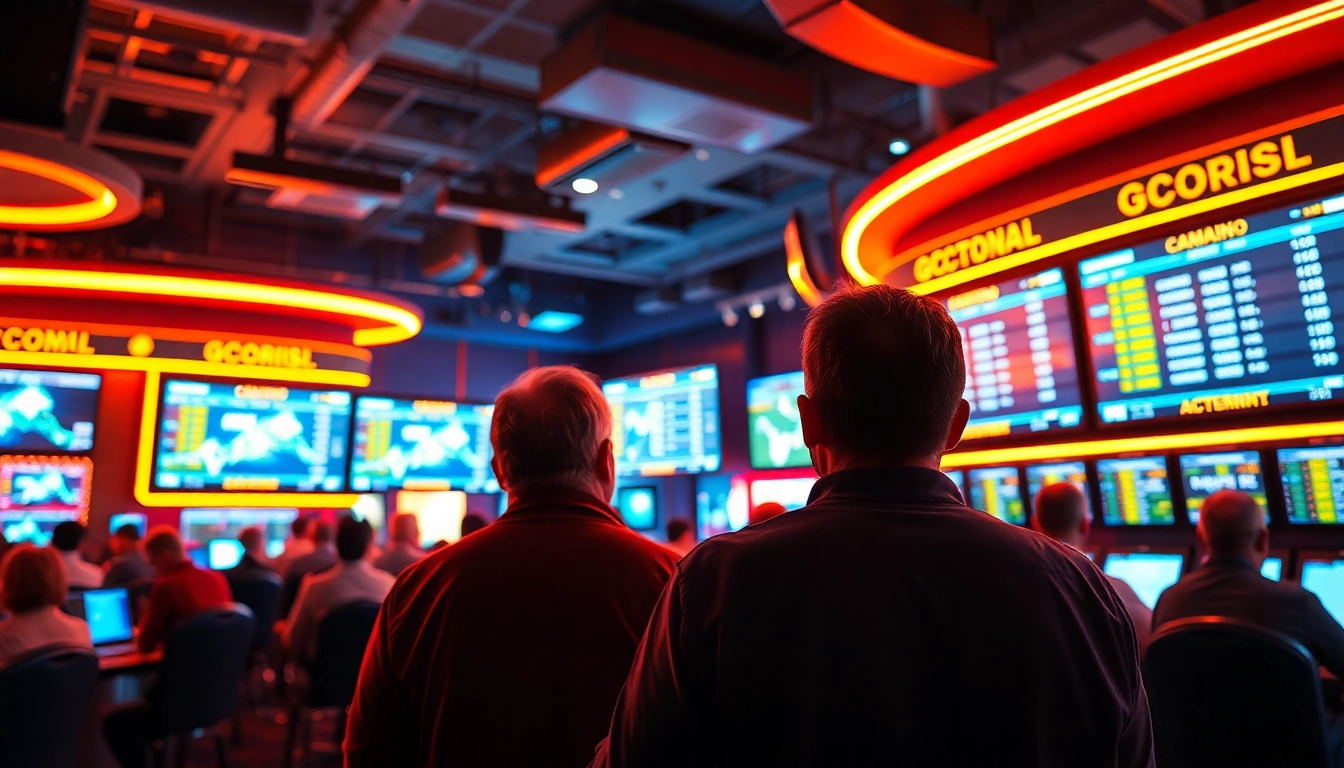 Engaging view of Georgia sports betting scene with lively bettors analyzing stats in vibrant sportsbook.