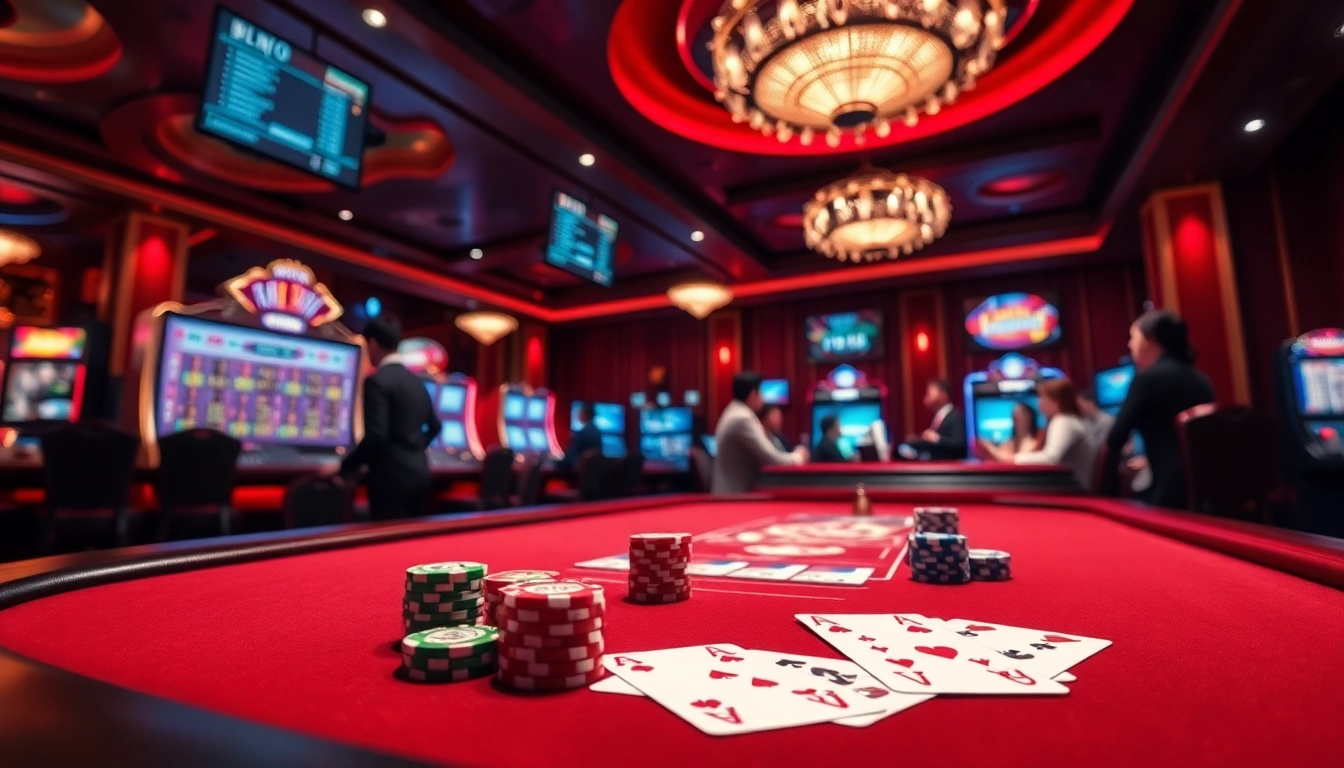 Experience the excitement of gambling at bk8vn.io with a vibrant online casino scene featuring poker tables and slots.