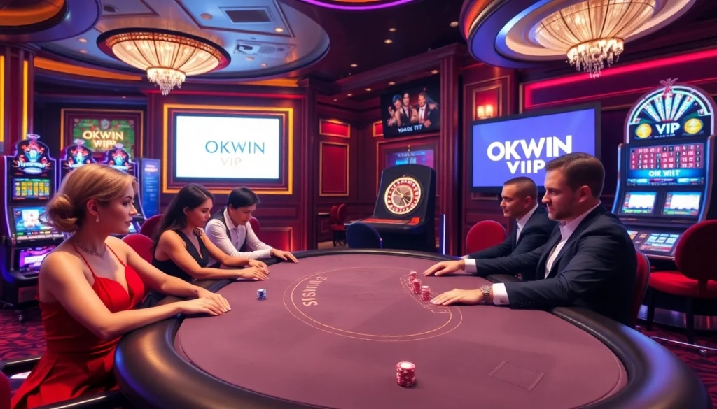 Experience the thrill of gambling at okwin vip with an elegant poker table and vibrant casino atmosphere.