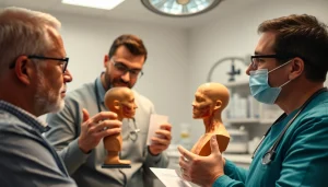 Consultation for hair transplant with patient and surgeon discussing procedure in a modern clinic.