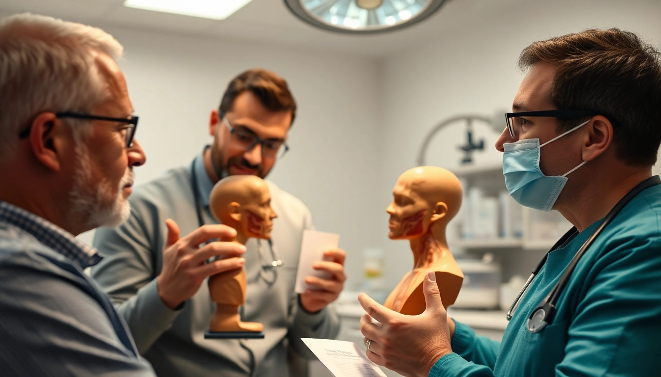 Consultation for hair transplant with patient and surgeon discussing procedure in a modern clinic.