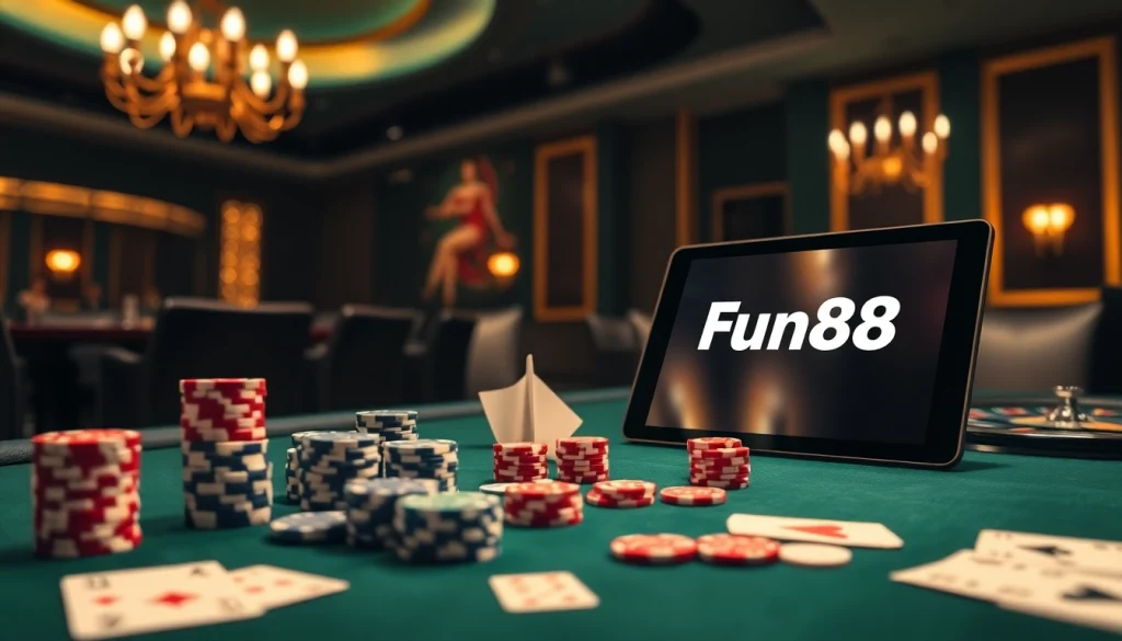 Luxurious casino scene showcasing Fun88 link with poker chips, cards, and roulette wheel.