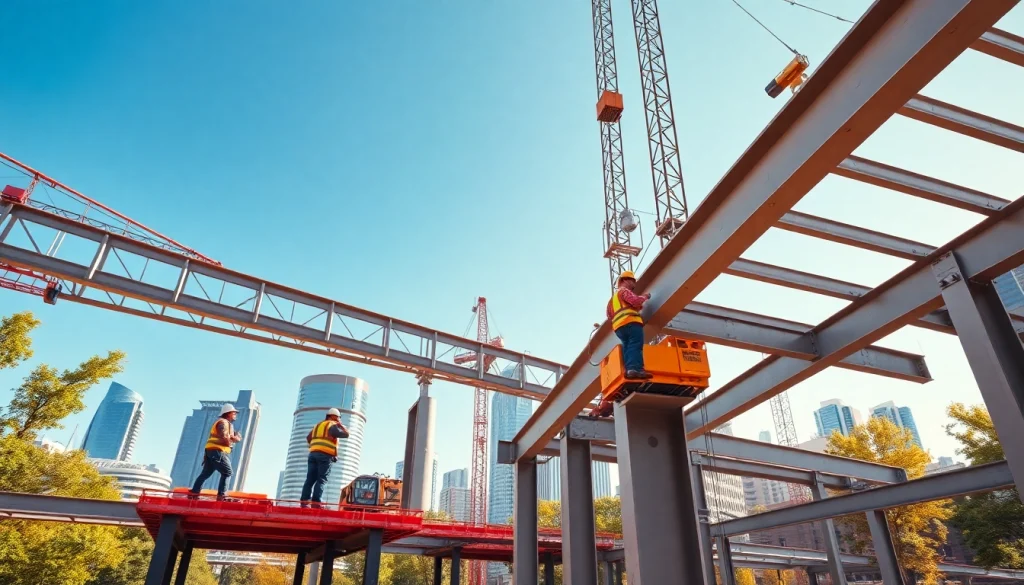 Exemplifying structural steel construction with workers assembling steel frameworks in an urban setting.