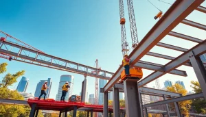 Exemplifying structural steel construction with workers assembling steel frameworks in an urban setting.