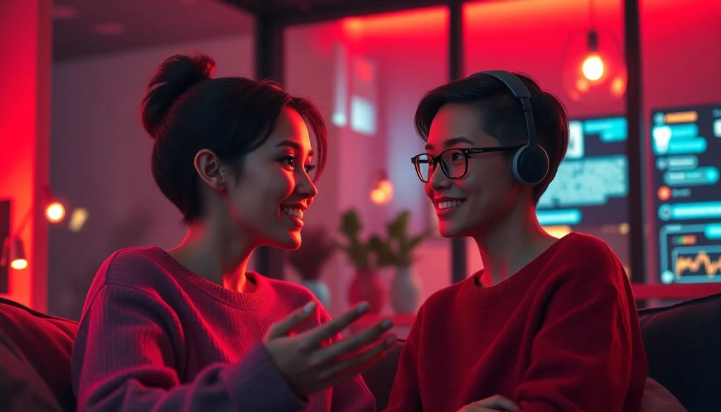 Engaging scene of lifelike avatars in a cozy chat space highlighting sex chat ai interactions.