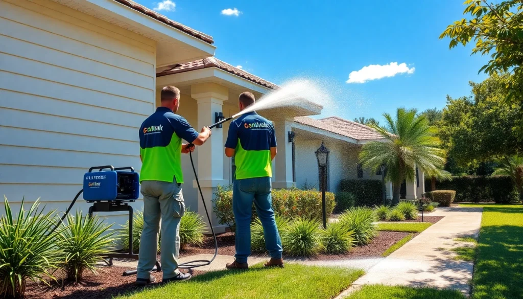 Soft wash team cleaning a residential home in Kissimmee, Florida, showcasing eco-friendly pressure washing.