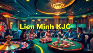 Engaged players enjoying the Liên Minh KJC online casino experience with vibrant tables and roulette wheels.