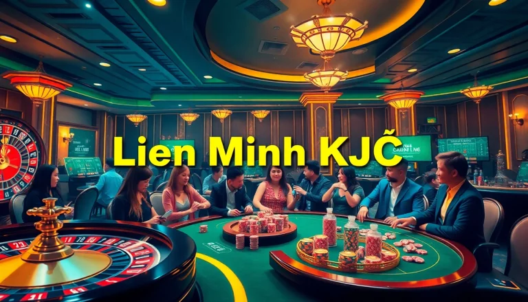 Engaged players enjoying the Liên Minh KJC online casino experience with vibrant tables and roulette wheels.