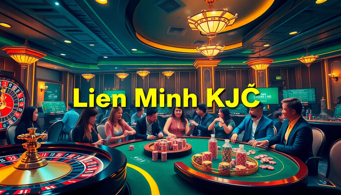 Engaged players enjoying the Liên Minh KJC online casino experience with vibrant tables and roulette wheels.