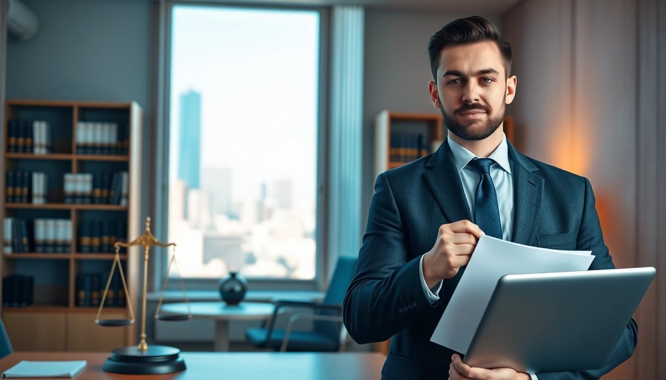 Intellectual property lawyer reviewing documents in a professional office environment.