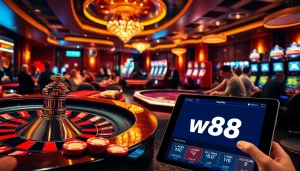 Winning at casino games with vibrant atmosphere and link to w88 displayed on smartphone.