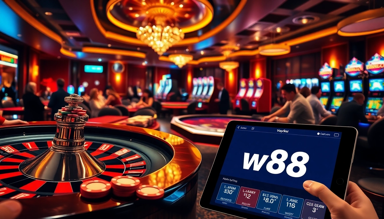 Winning at casino games with vibrant atmosphere and link to w88 displayed on smartphone.