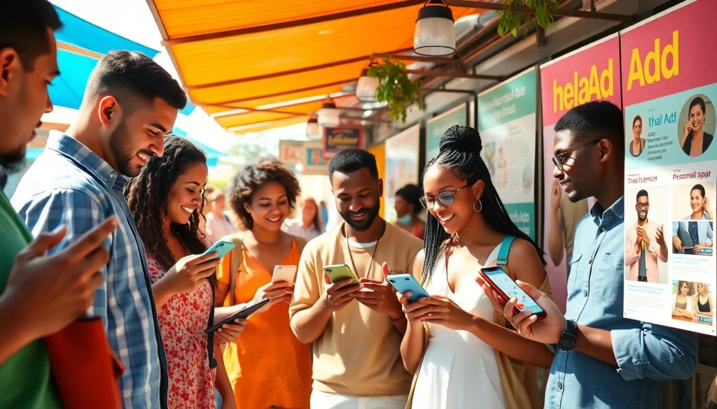 Engaging scene of diverse users interacting with Hela Ad platform in a vibrant marketplace.