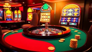 Experience the luxurious thrill of ev88.claims with a vibrant casino scene featuring roulette and slot machines.