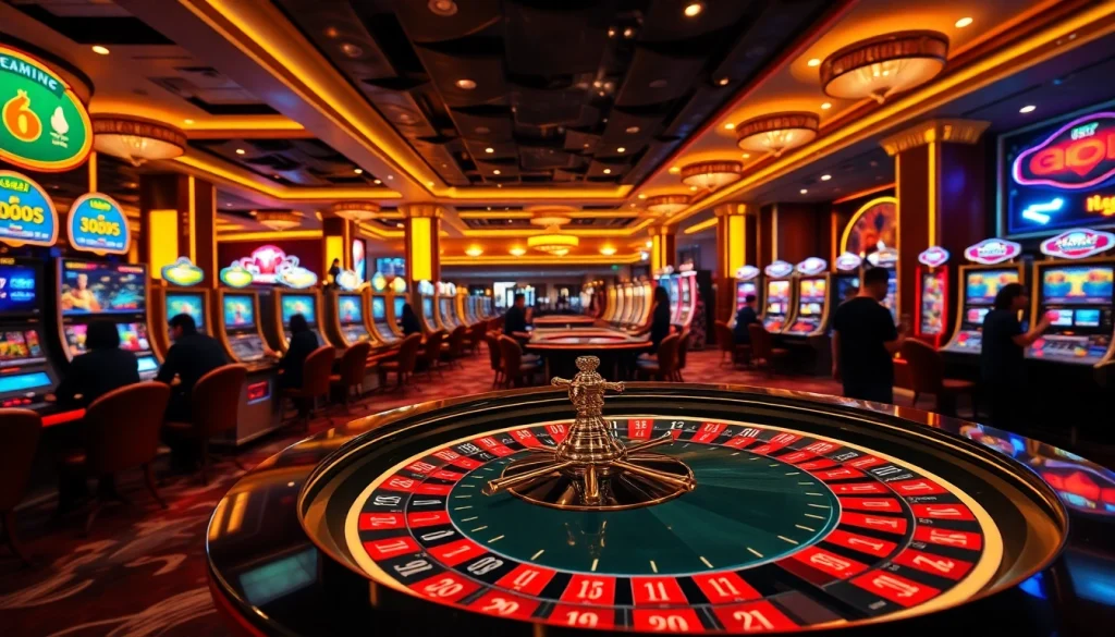 Players enjoying the thrilling Hay88 deal at an upscale casino with vibrant games.