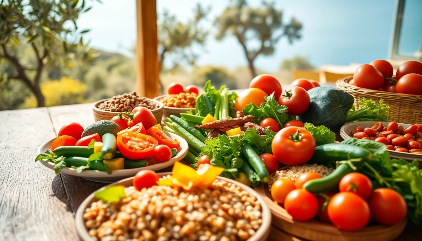 Delicious Mediterranean diet spread with vibrant vegetables and whole grains displayed on a rustic table.