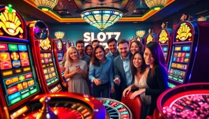 Gamblers playing vibrant Slot777 machines at a luxurious casino filled with excitement.