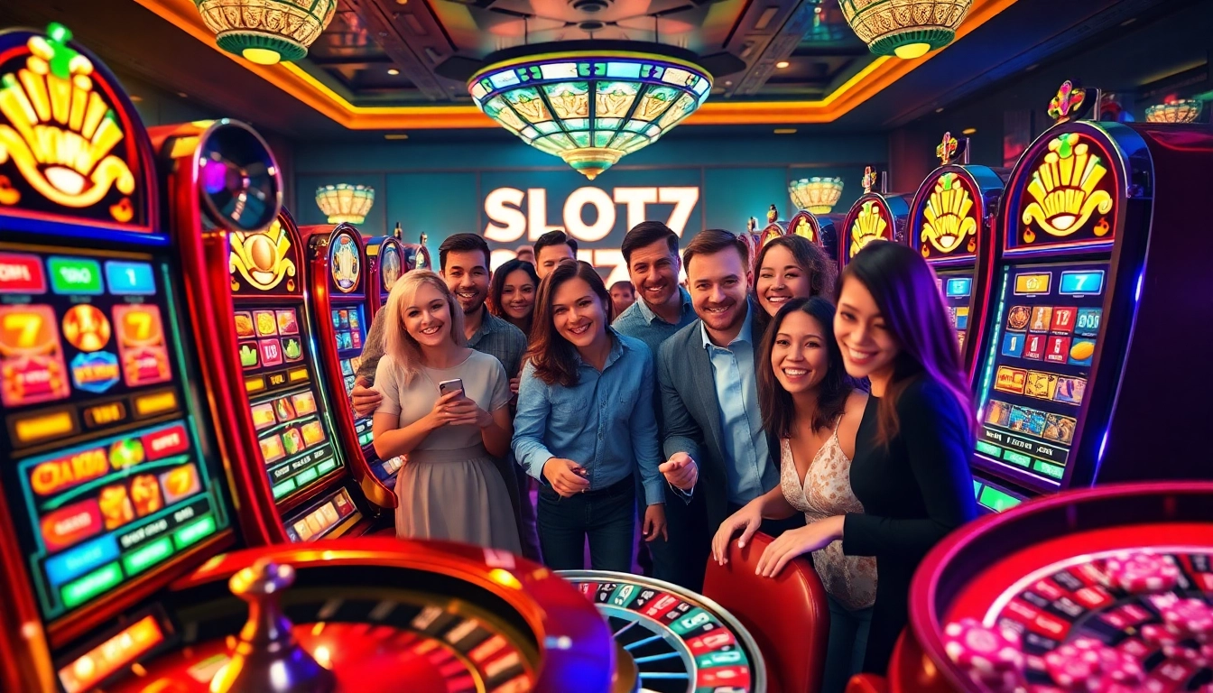 Gamblers playing vibrant Slot777 machines at a luxurious casino filled with excitement.