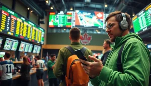 Engaging scene depicting Canada sports betting with a lively sportsbook and a bettor on a mobile app.