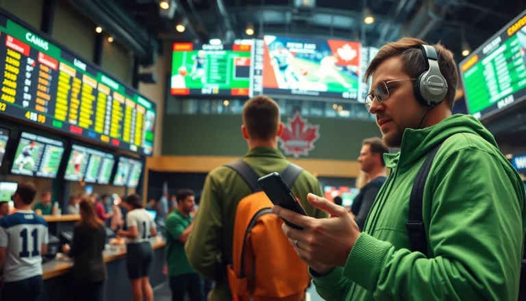 Engaging scene depicting Canada sports betting with a lively sportsbook and a bettor on a mobile app.