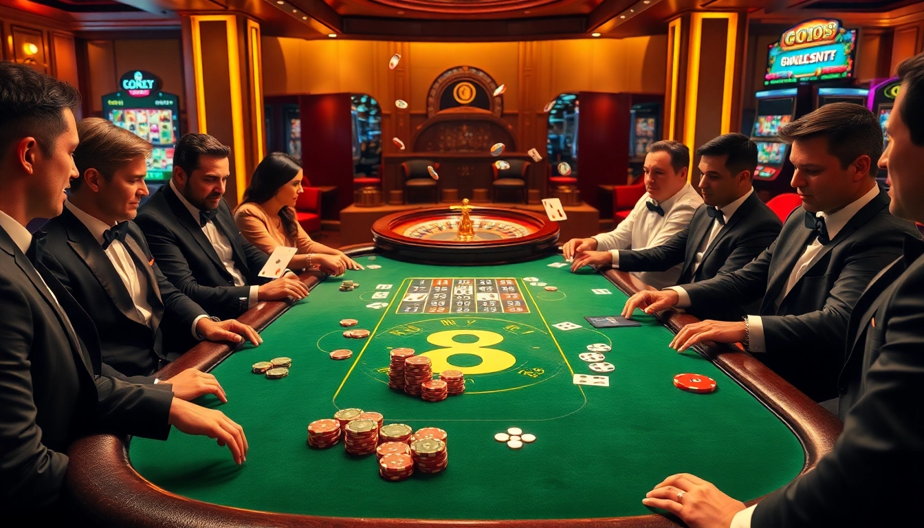 Go8 players strategizing during an intense casino poker game for high stakes.