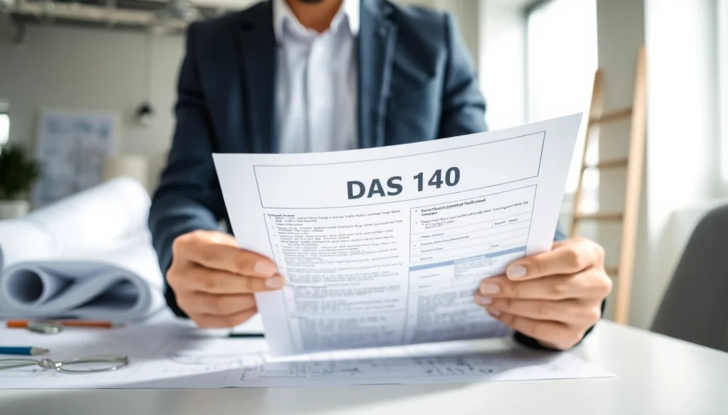 Contractor submitting DAS 140 form in an office with construction plans and bright lighting.