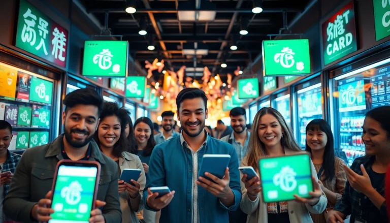 디지털 마켓플레이스에서 상품권카드를 사용하는 다양한 사람들의 생생한 모습