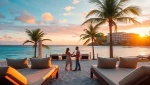 Experience premium travel services with a picturesque sunset over a luxurious beach resort, evoking relaxation and adventure.