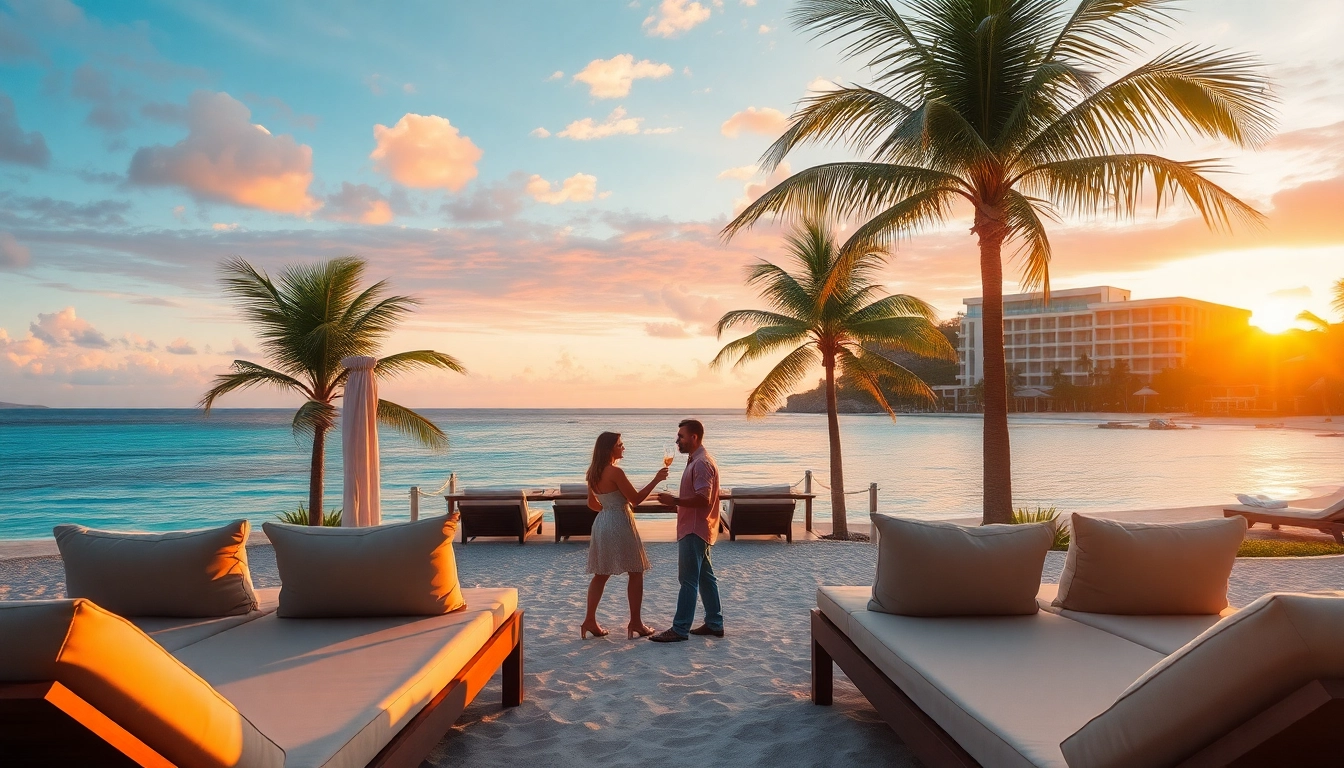 Experience premium travel services with a picturesque sunset over a luxurious beach resort, evoking relaxation and adventure.