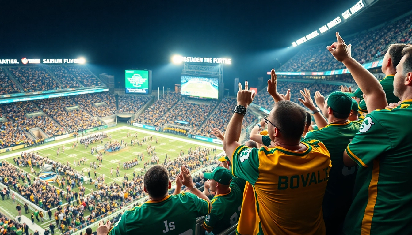 Saskatchewan sports betting fans celebrating a game in a vibrant stadium setting, capturing excitement.