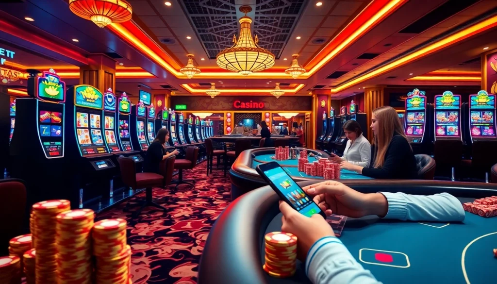 Engaging scene with players at nhà cái nh88, vibrant slot machines, and casino tables.