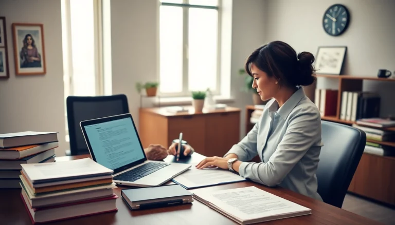Professional sworn translator working at desk with legal documents.