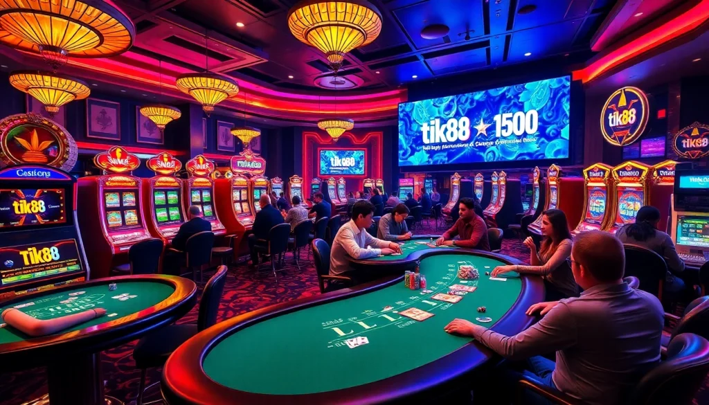 Trải nghiệm sự hồi hộp khi chơi tik88 với bàn casino sống động, chip poker và máy đánh bạc.