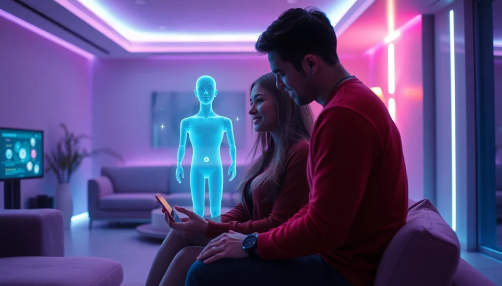 AI sex intimacy scene with holographic interface in modern lounge