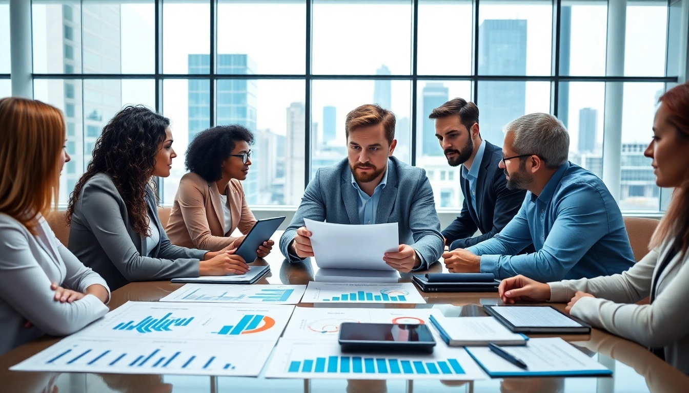 Crisis management consultant strategizing with a diverse team in a modern office setting.