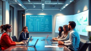 Engaging professionals discussing phone number verification technology in a modern office.