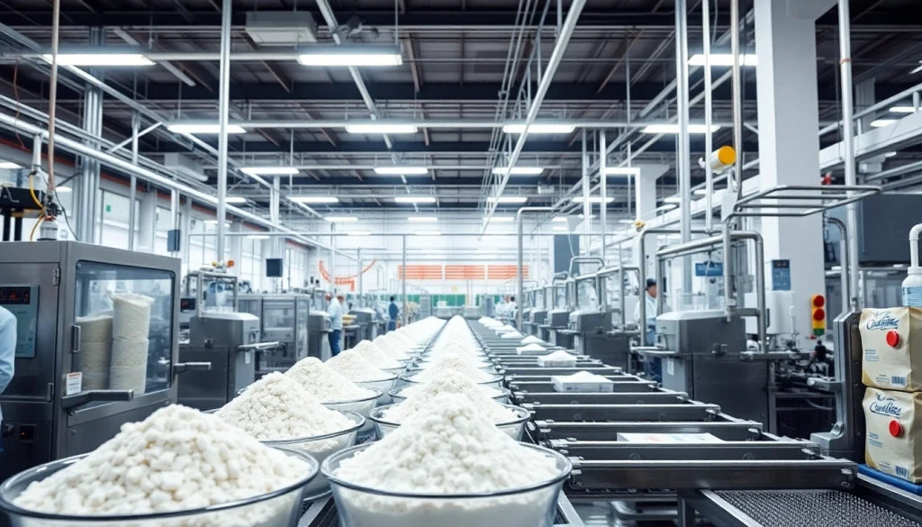 Fabbrica di dolcificanti in azione, con macchinari e operai al lavoro per garantire qualità.